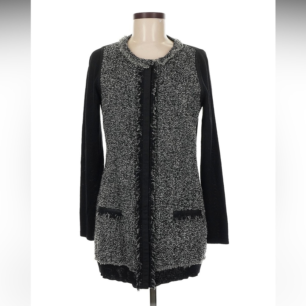 Elie Tahari Black and Gray Extra-fine Merino Wool Long Cardigan Size Medium